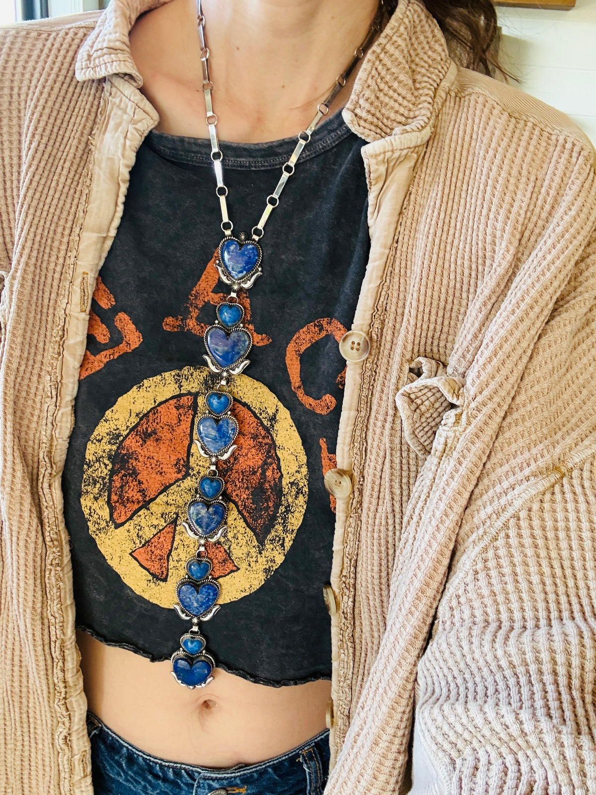 Navajo Hemerson Brown Sterling Silver & Lapis Hearts Statement Lariat Necklace