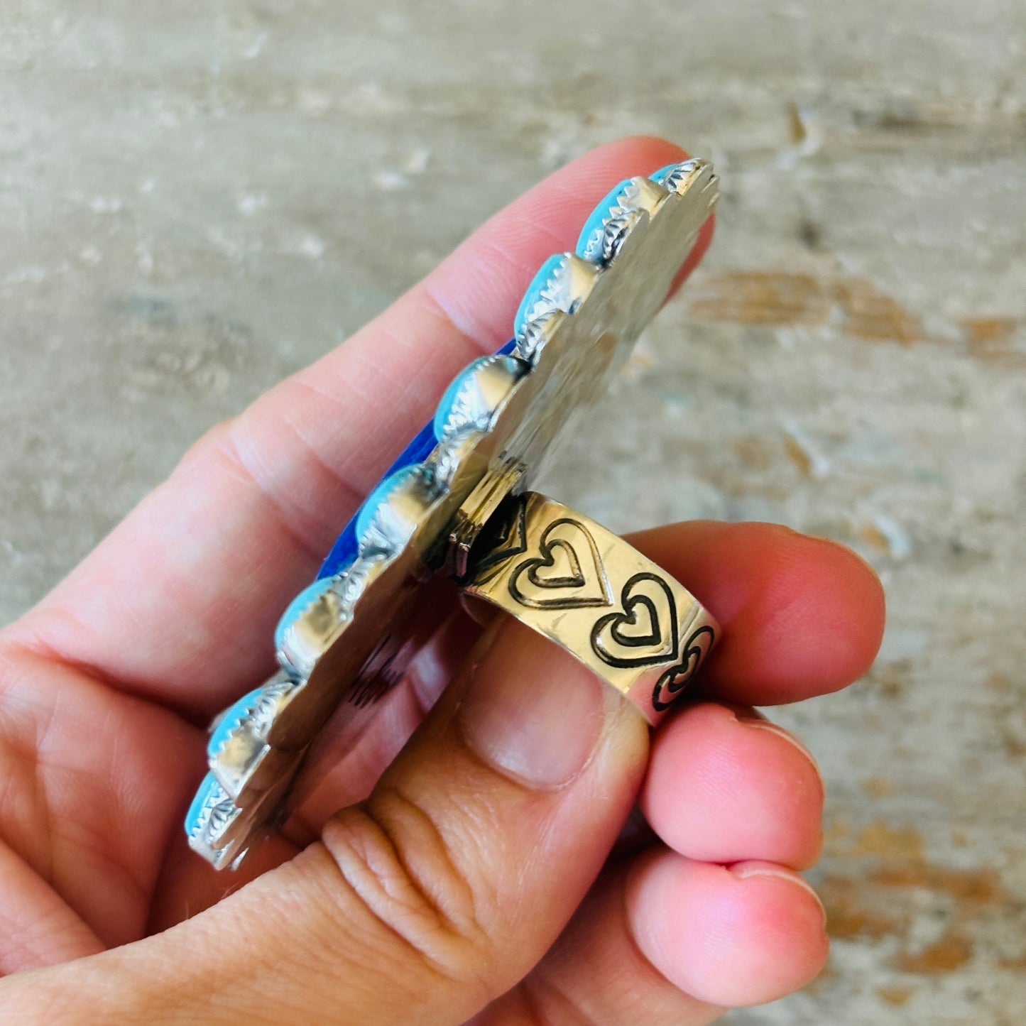 Navajo Hemerson Brown Sterling Silver & Kingman Turquoise Hearts Cluster Ring