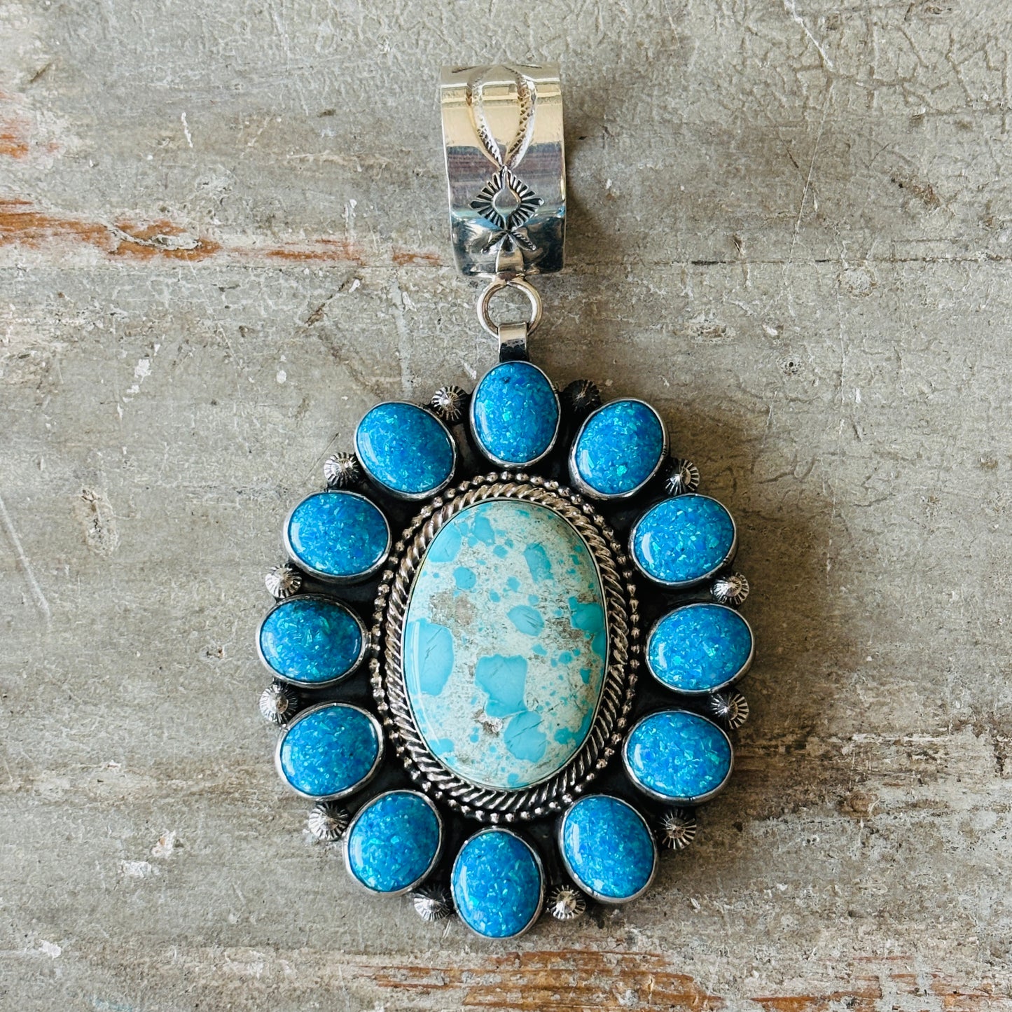 Navajo Hemerson Brown Sterling Silver - Sonoran Turquoise & Blue Lab Opal Cluster Statement Pendant
