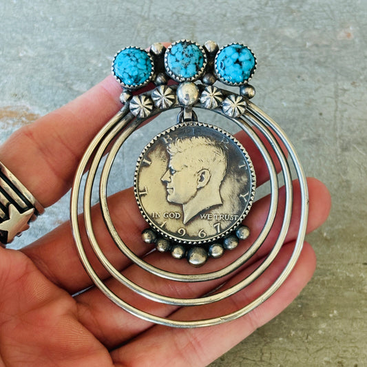 Navajo Marcus Chavez Sterling Silver & Kingman Half Dollar Coin Pendant