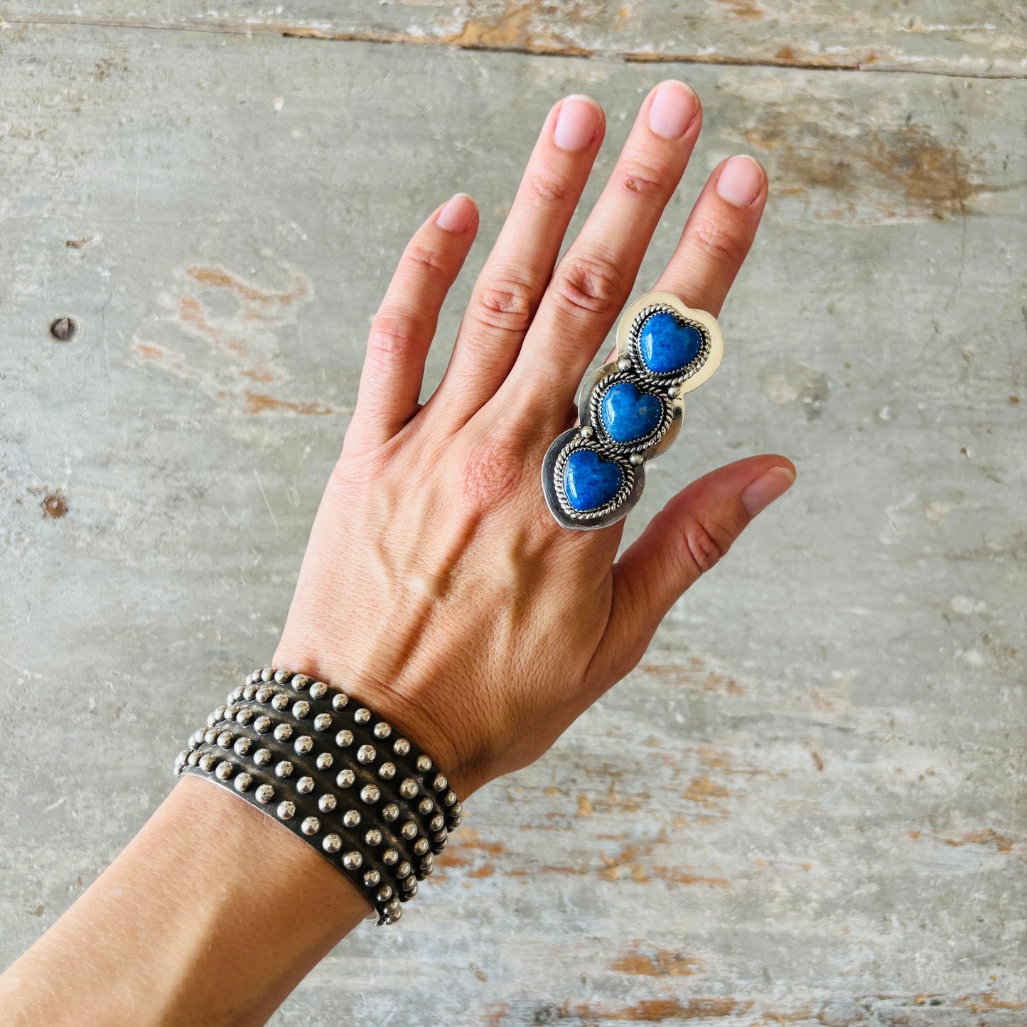 Navajo Hemerson Brown Sterling Silver & Lapis Three Stone Heart Ring