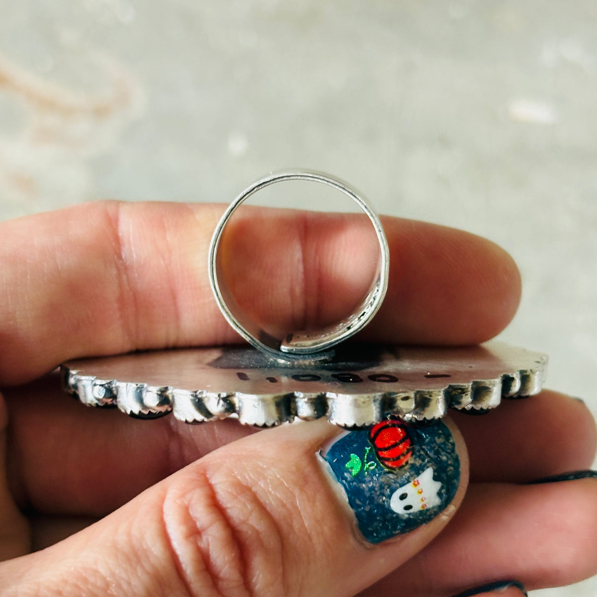 Navajo Kindale Billah Sterling Silver - Ceramic & Black Onyx Bat Ring