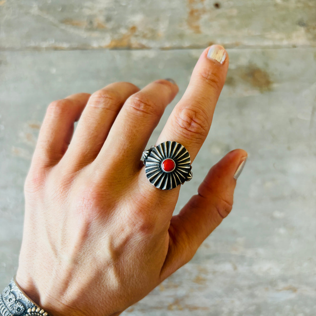 Navajo Herman Smith Sterling Silver & Red Coral Tufa Cast Ring