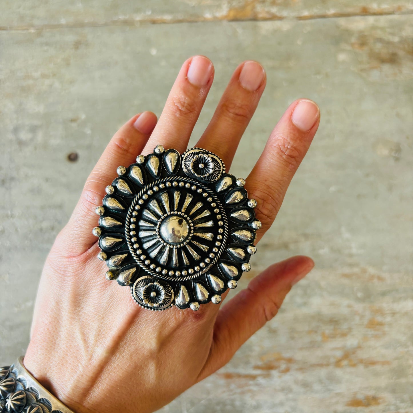 Navajo Hemerson Brown Sterling Silver Concho Statement Ring