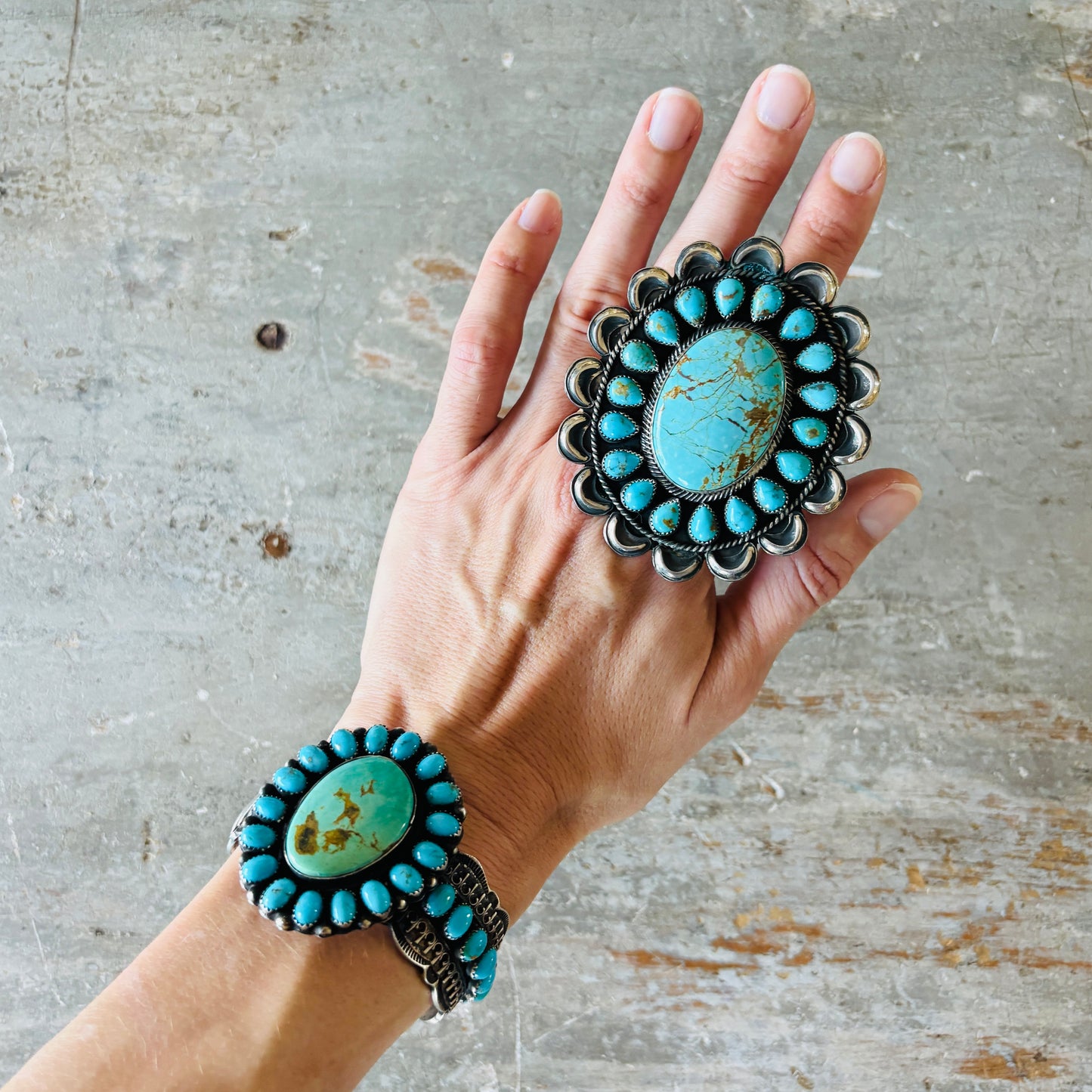 Navajo Hemerson Brown Sterling Silver & Kingman Turquoise Cluster Ring