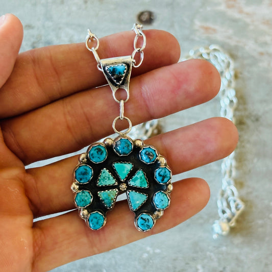 Navajo Signed Sterling Silver & Mixed Turquoise Naja Necklace