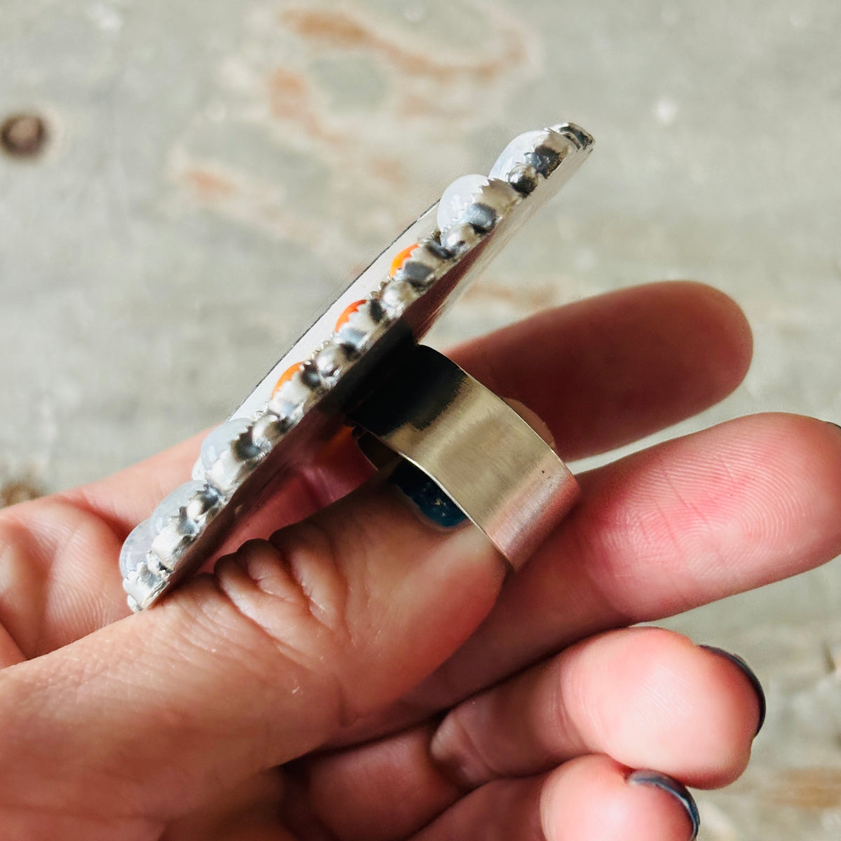 Navajo Kindale Billah - Ceramic - Orange Spiny Oyster & Moonstone Ghost Ring