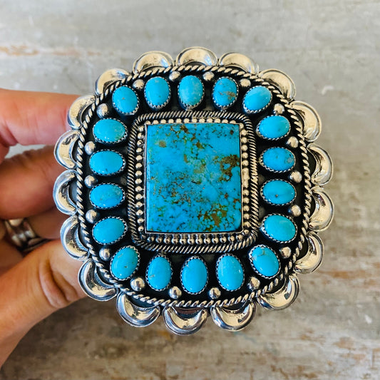 Navajo Hemerson Brown Sterling Silver & Sonoran Turquoise Cluster Statement Cuff