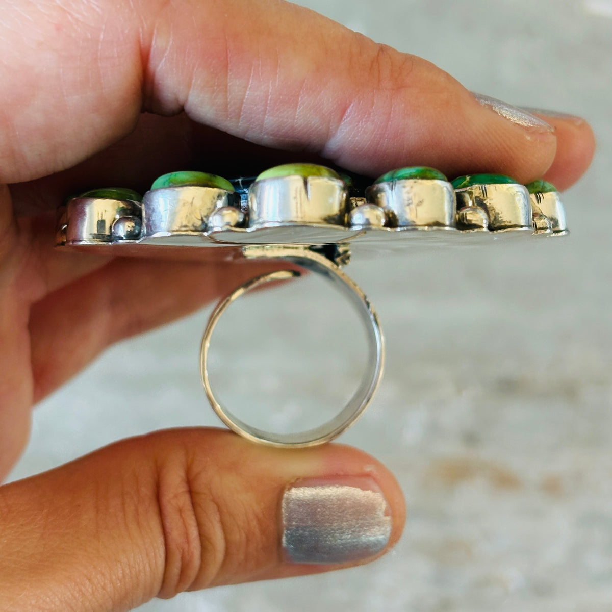 Navajo Hemerson Brown Sterling Silver - Blackjack & Sonoran Turquoise Cluster Ring