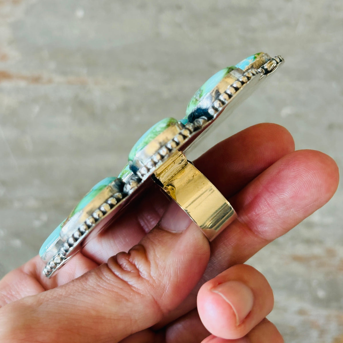 Navajo Hemerson Brown Sterling Silver & Sonoran Turquoise Cluster Statement Ring