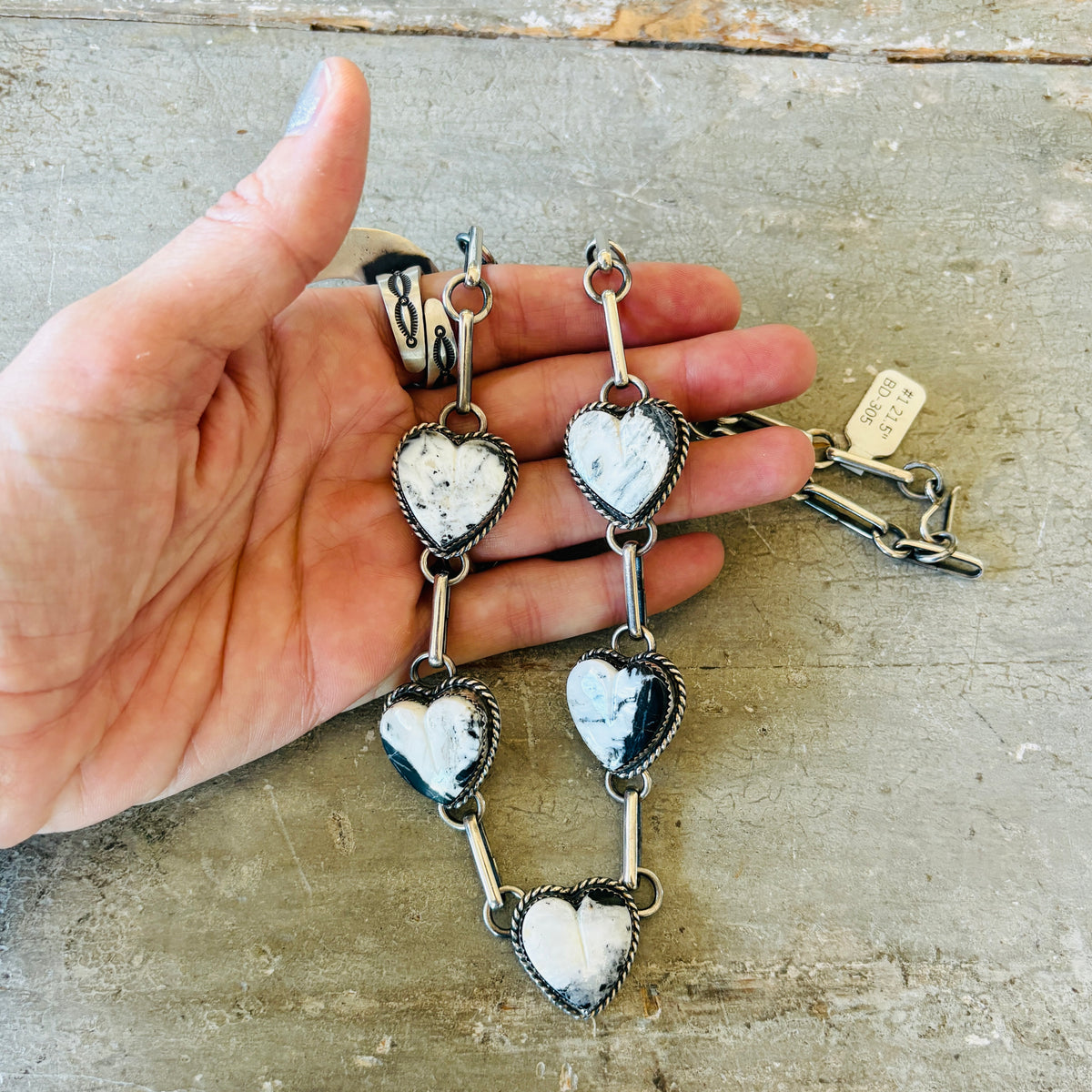 Navajo Lawrence Archuleta Sterling Silver & White Buffalo Hearts Necklace