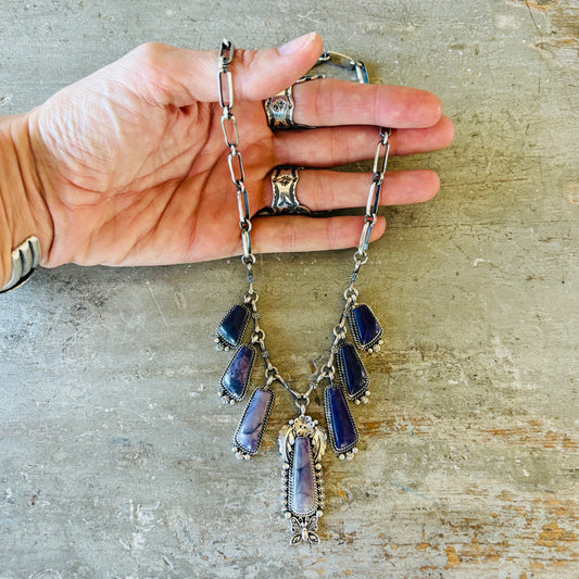 Navajo Brenda Jimenez Sterling Silver & Sugilite Charms Necklace