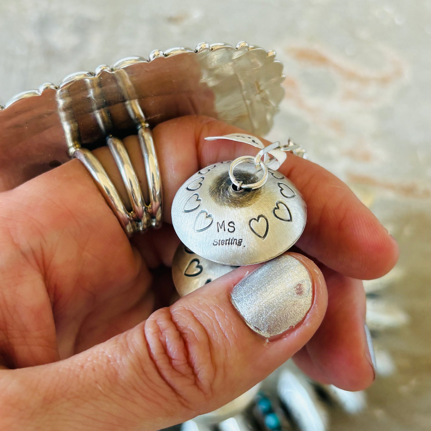 Navajo Monika Smith Sterling Silver & Kingman Turquoise Hearts Graduated Handmade Pearls