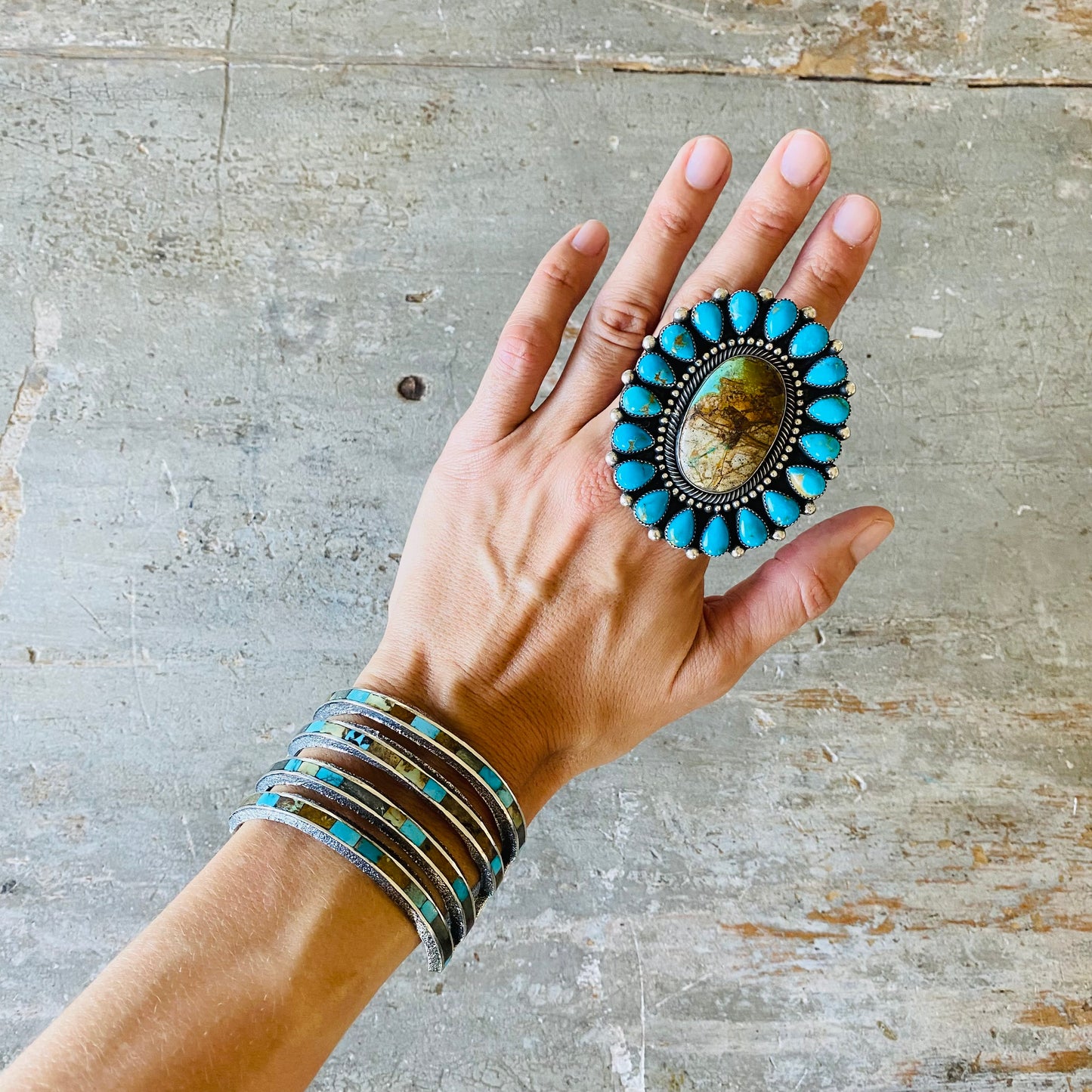 Navajo Hemerson Brown Sterling Silver & Turquoise Cluster Ring