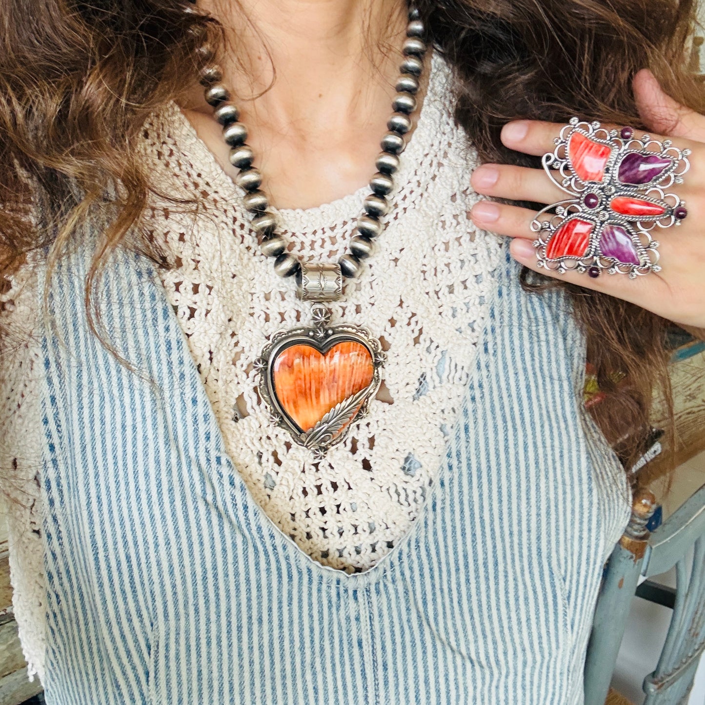 Navajo Edmund Piasso Sterling Silver & Orange Spiny Heart Pendant