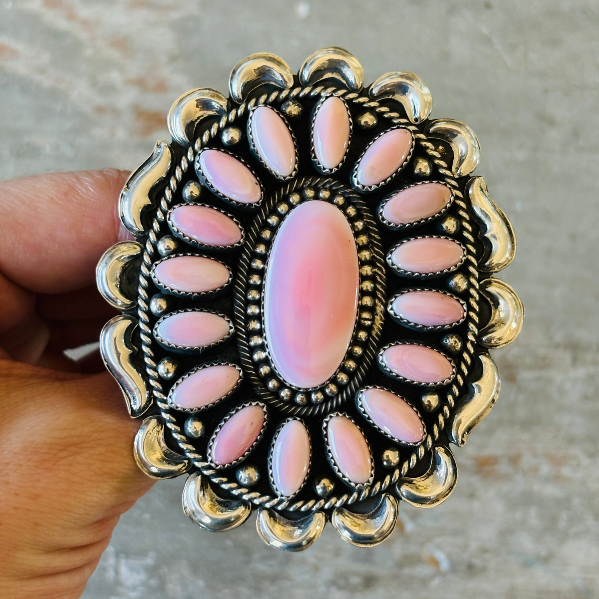 Navajo Hemerson Brown Sterling Silver & Pink Conch Cluster Statement Ring