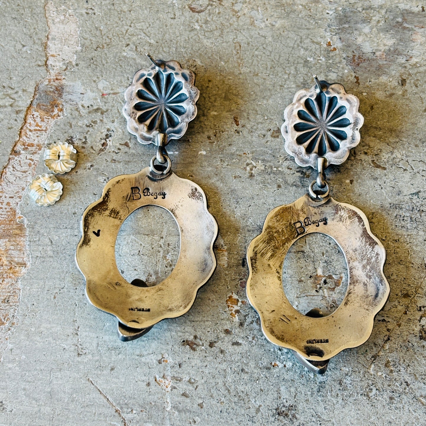 Navajo Mark B Begay Sterling Silver & Kingman Turquoise Concho Earrings