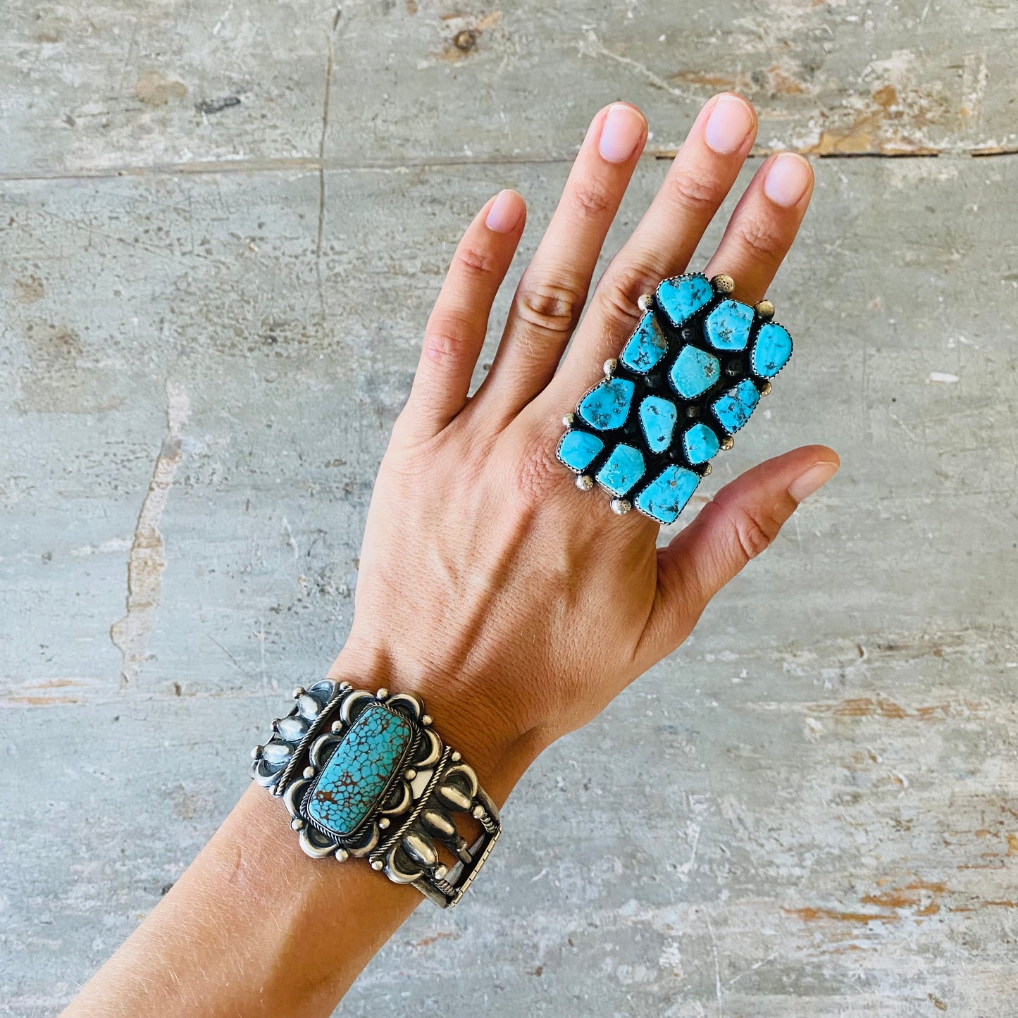 Navajo Marcus Chauvez Sterling Silver & Kingman Turquoise Cluster Ring