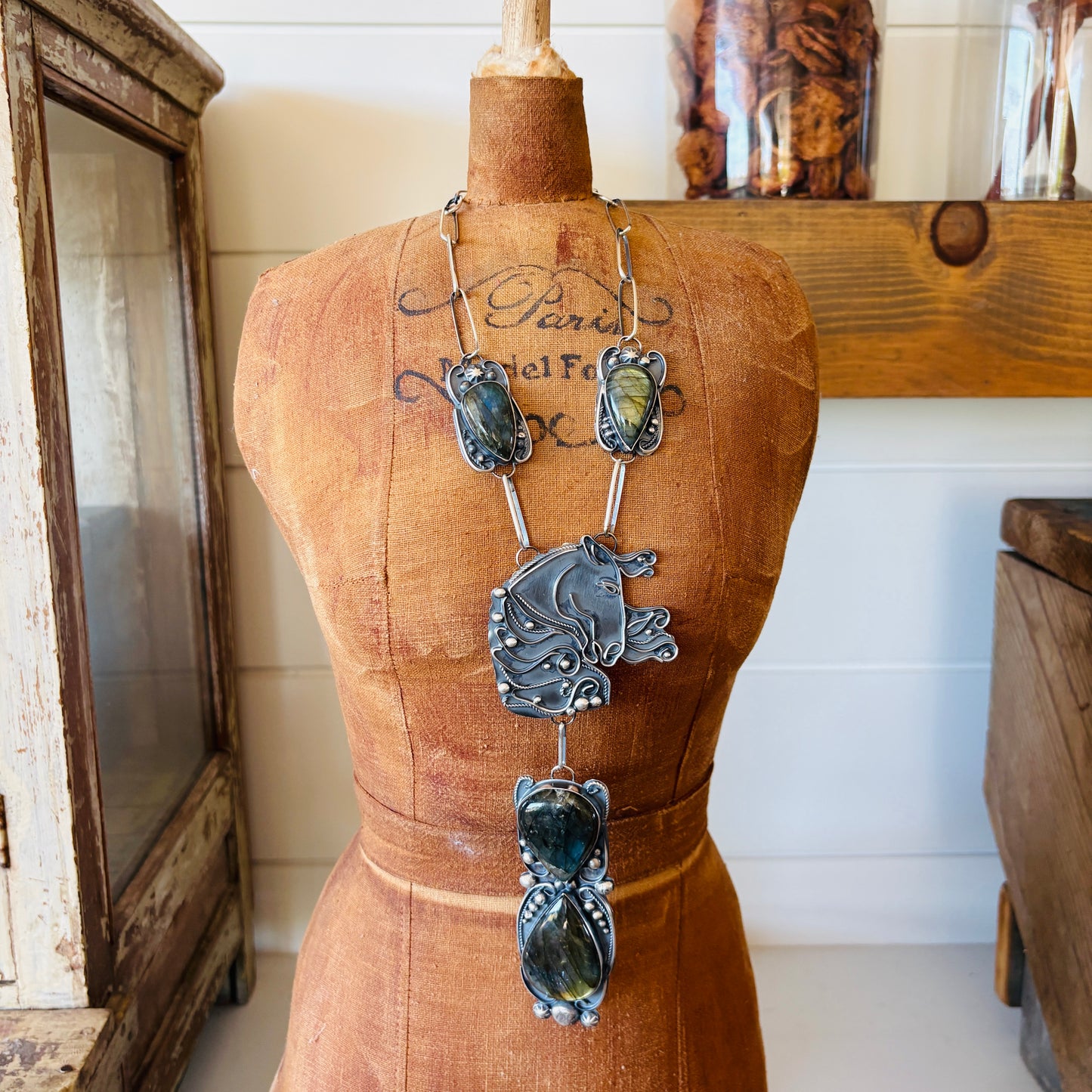 Navajo Miranda Willie Sterling Silver & Labradorite Horse Statement Necklace