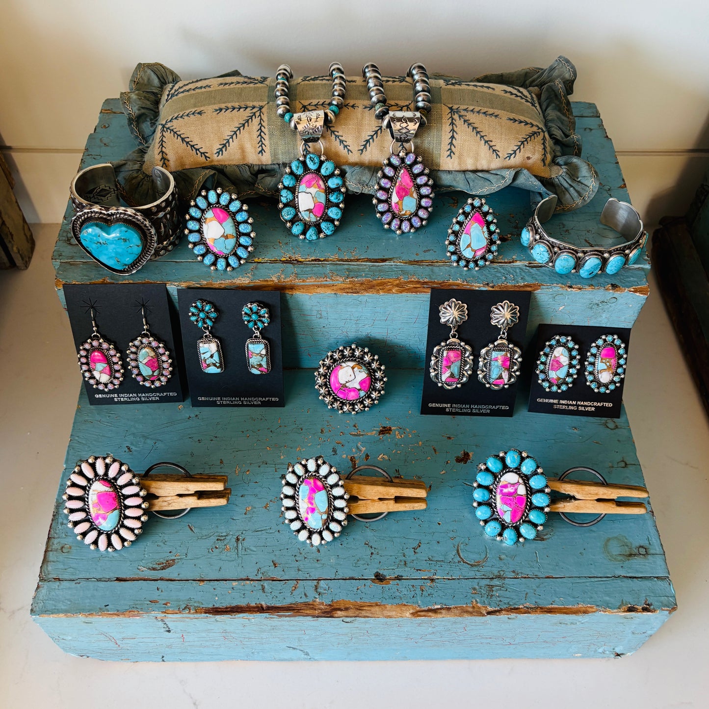 Navajo Preston Haley Sterling Silver & Campitos Turquoise 7mm - 9mm Alternating Saucer - Round Pearls Necklace