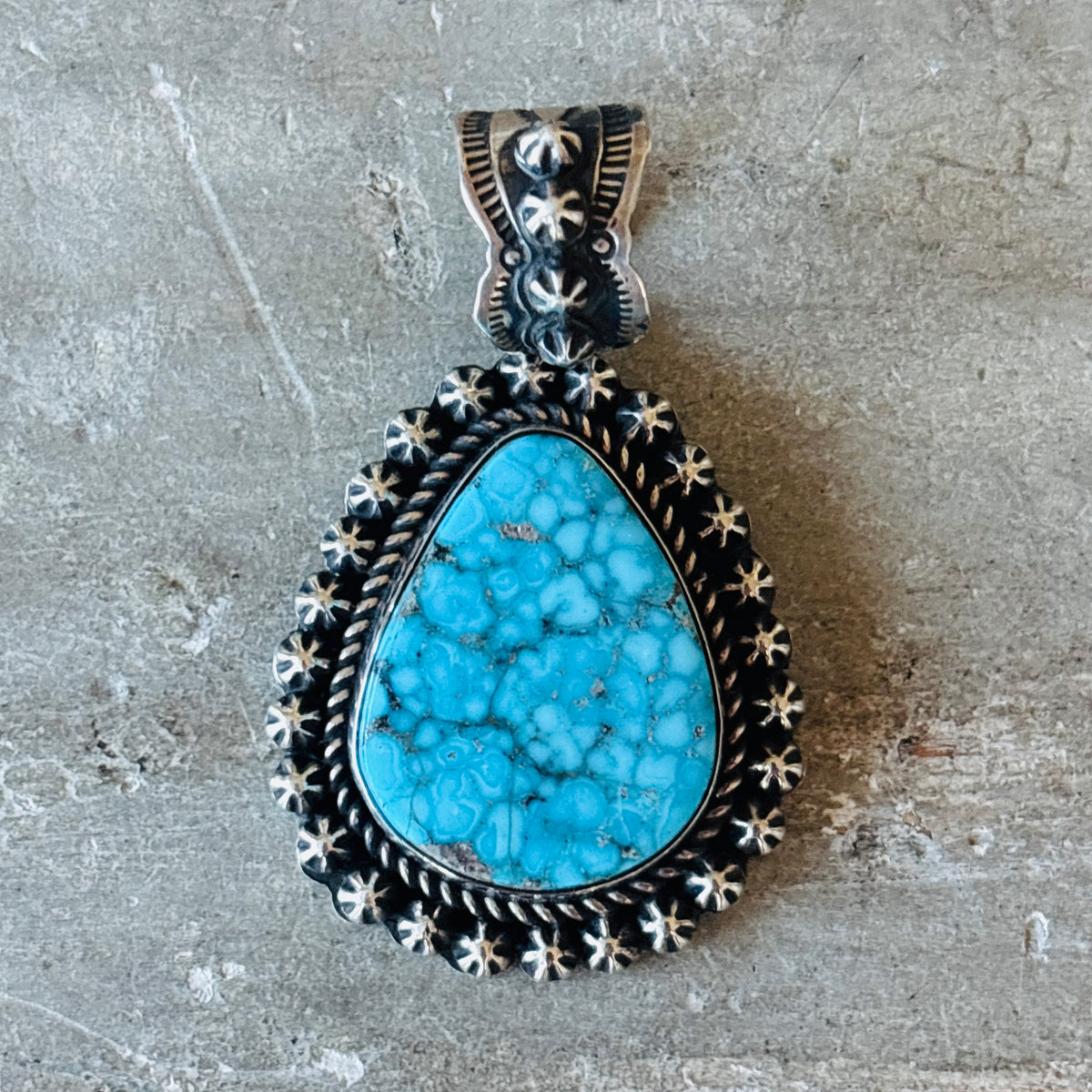 Navajo Happy Piasso Sterling Silver & High Grade Kingman Turquoise Starburst Pendant