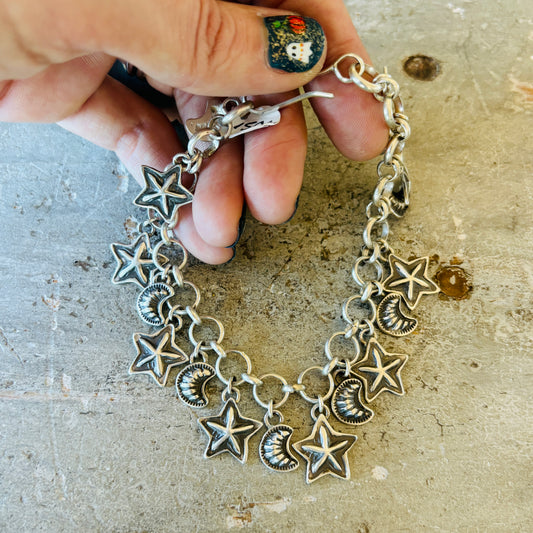 Navajo Dakota Willie Sterling Silver Stars & Moons Charm Bracelet