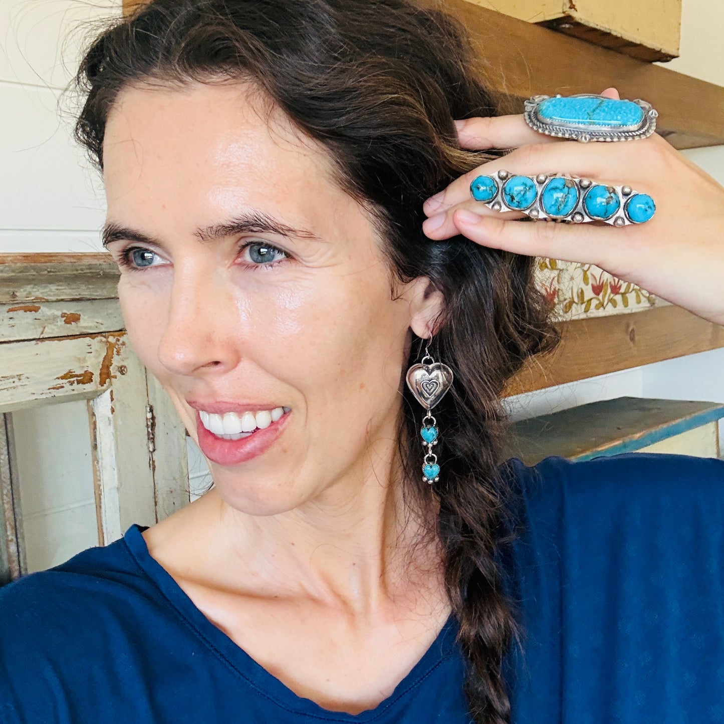 Navajo Hemerson Brown Sterling Silver & Kingman Turquoise Hearts Earrings