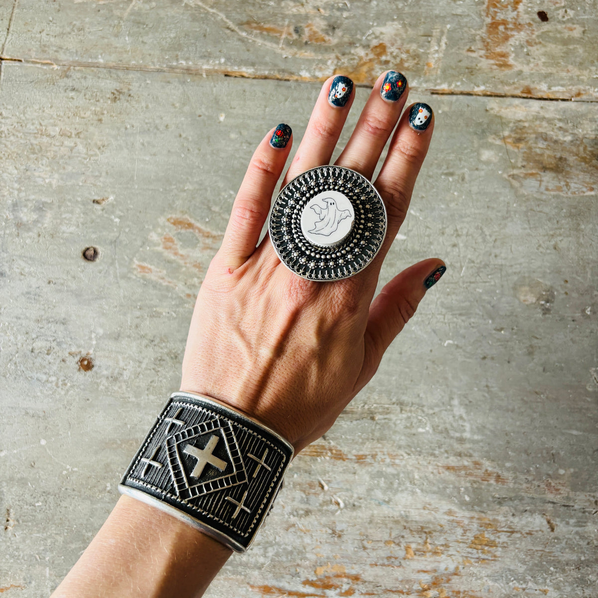 Navajo Kindale Billah Sterling Silver & Ceramic Ghost Ring