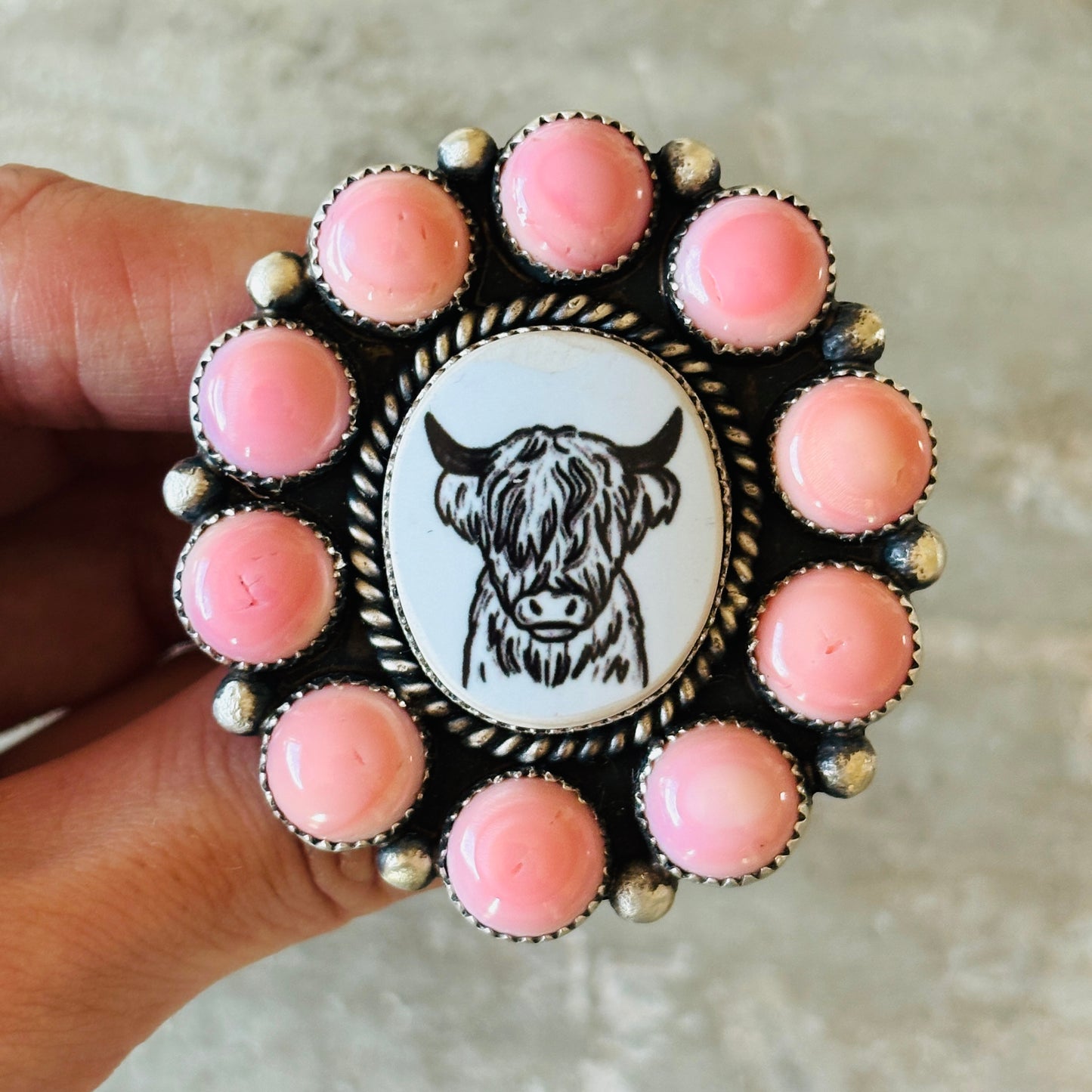 Navajo Kindale Billah Sterling Silver & Pink Conch Highland Cow Ring