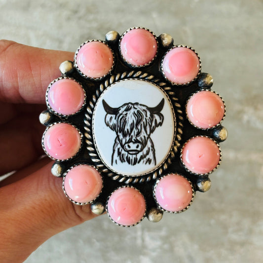 Navajo Kindale Billah Sterling Silver & Pink Conch Highland Cow Ring