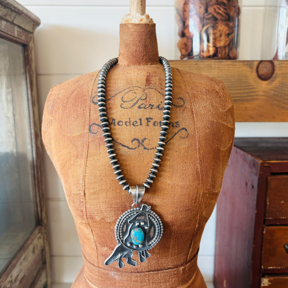 Navajo Miranda Willie Sterling Silver & Kingman Turquoise Howling Wolf Pendant