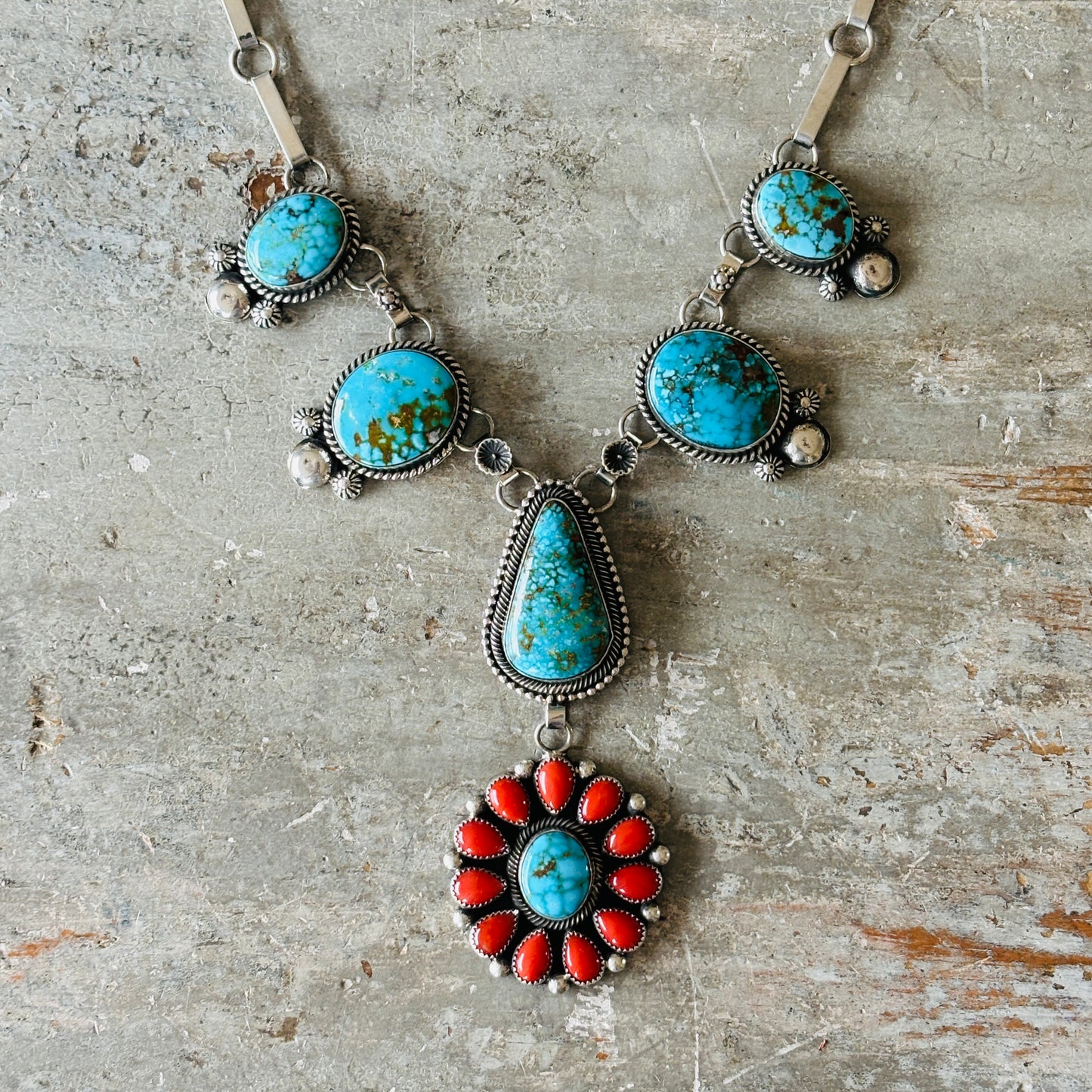 Navajo Hemerson Brown Sterling Silver - Red Coral & Web Kingman Statement Necklace