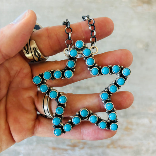Navajo Charles Johnson Sterling Silver & Kingman Turquoise Star Cluster Bar Necklace