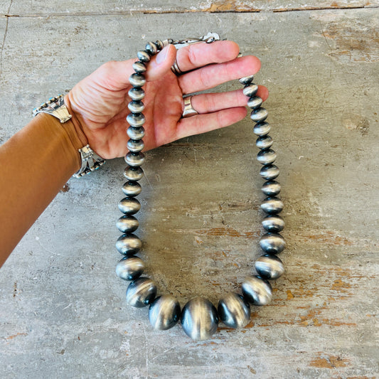 Navajo Tonisha Haley Sterling Silver Graduated Handmade XL Round Pearls Necklace