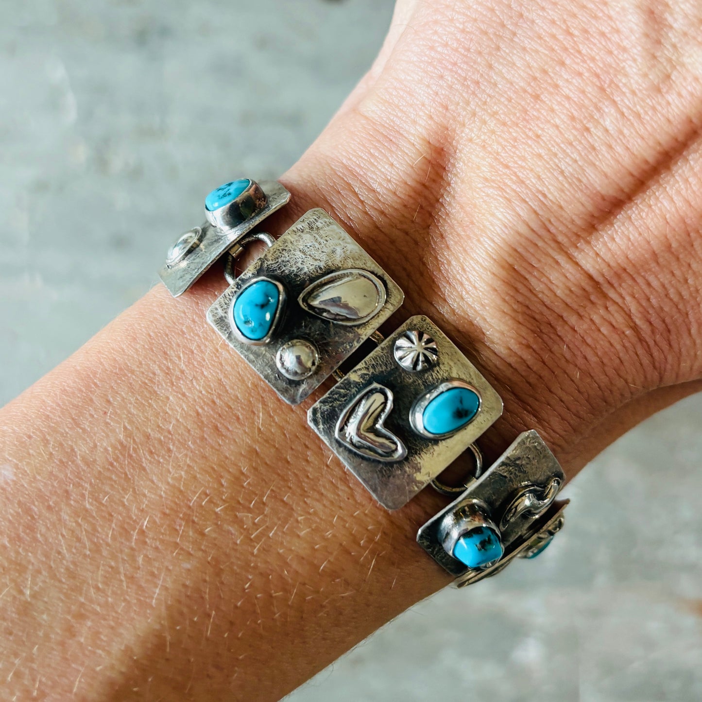Navajo Nakai Bernice Bonney Sterling Silver & Kingman Turquoise Panel Bracelet