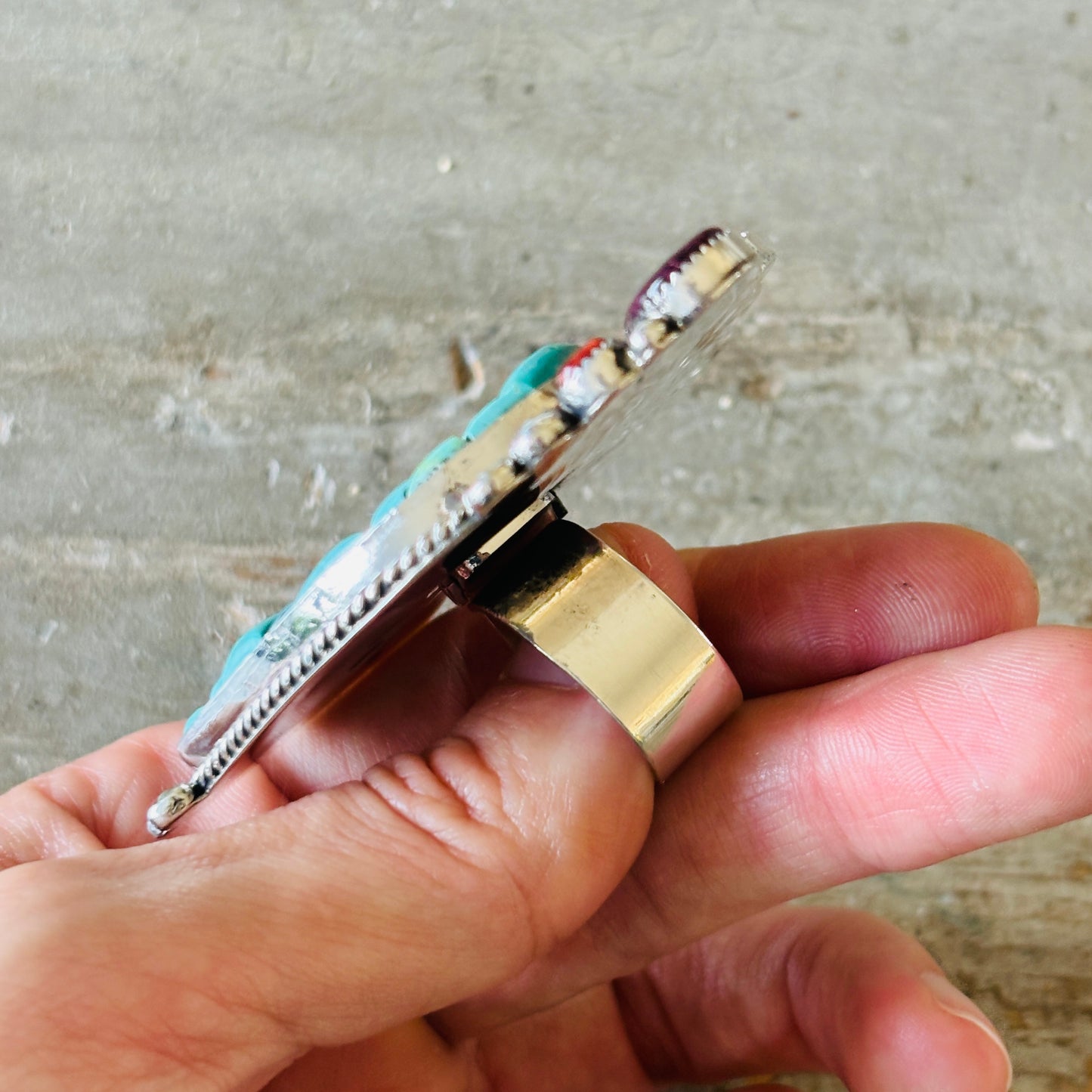 Navajo Hemerson Brown Sterling Silver - Orange - Purple Spiny & Kingman Turquoise Heart Cobblestone Ring