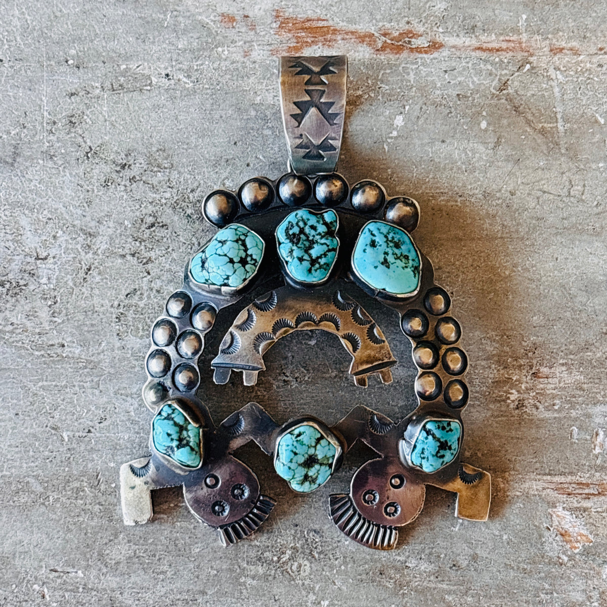 Navajo Shawn Cayatineto Sterling Silver & Turquoise Yei Statement Pendant