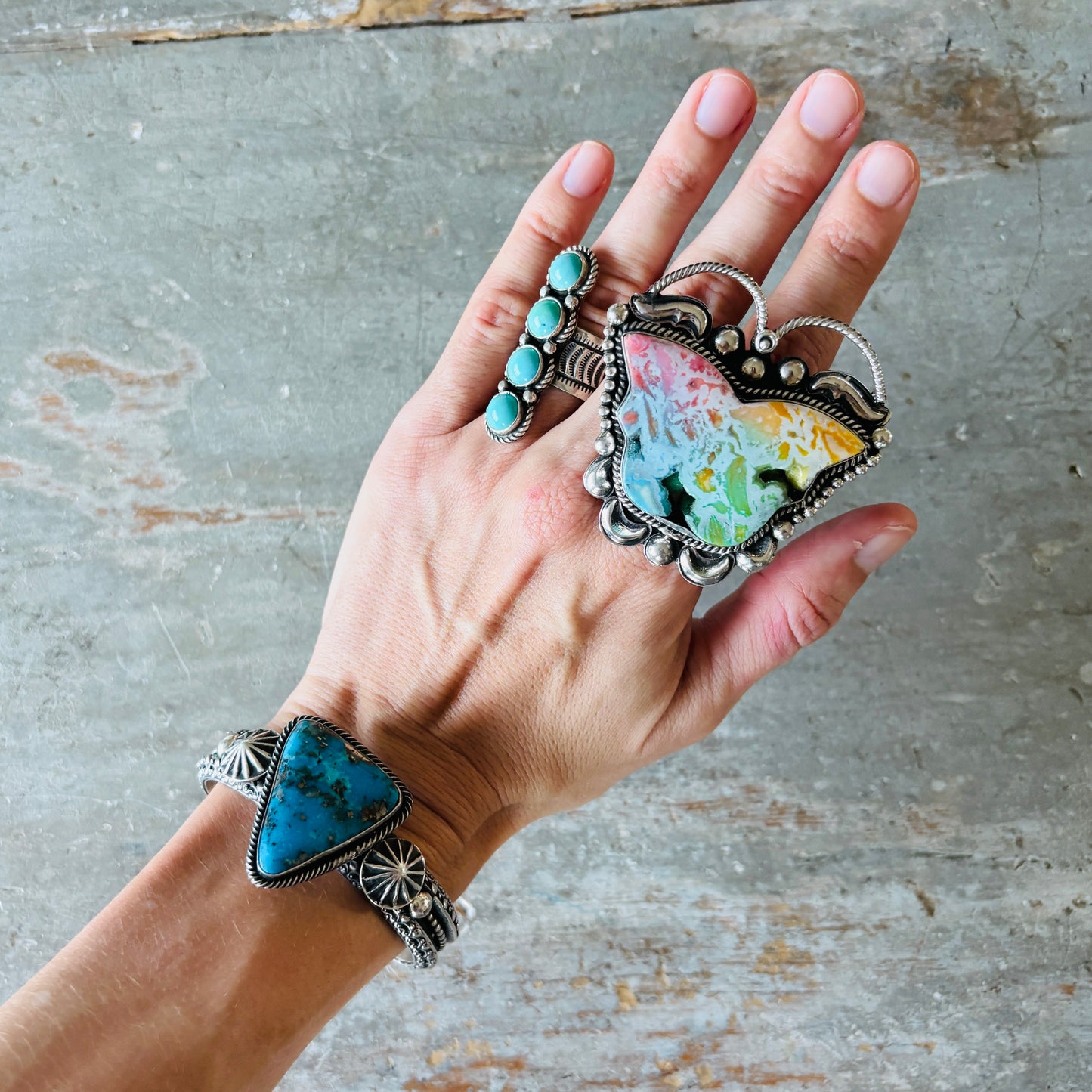 Navajo Hemerson Brown Sterling Silver & Egyptian Turquoise Triangle Cuff