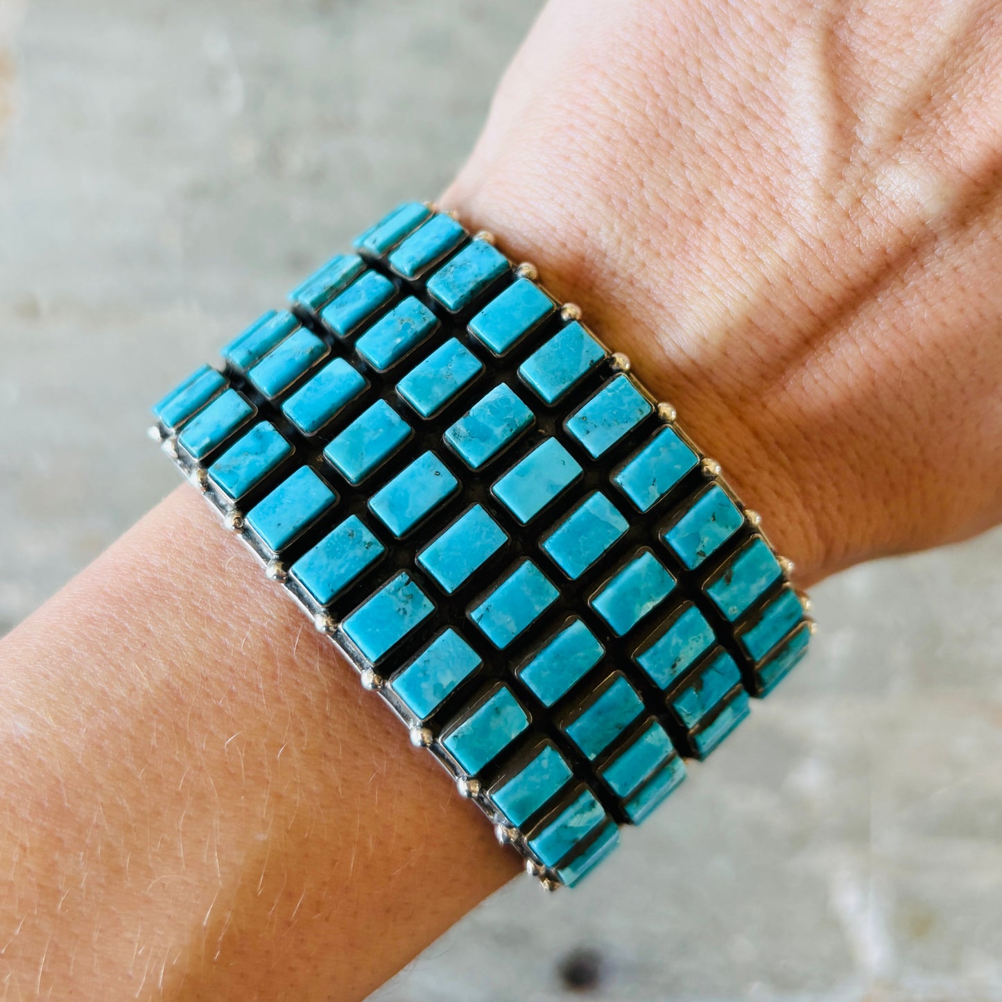 Navajo Violet Nez Sterling Silver & Kingman Turquoise Four Row Statement Cuff