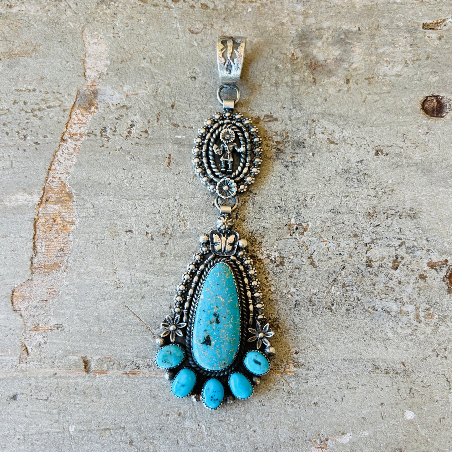 Navajo Kindale Billah Sterling Silver & Kingman Turquoise Sun God Floral Pendant