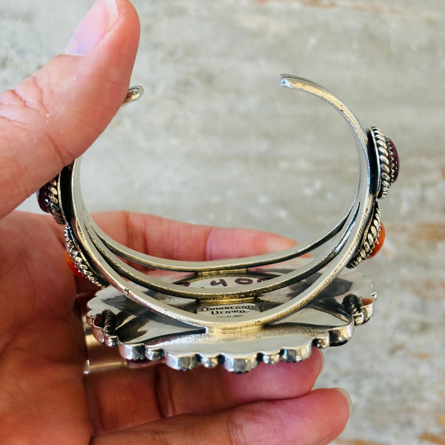 Navajo Hemerson Brown Sterling Silver - Abalone - Purple & Orange Spiny Cluster Cuff