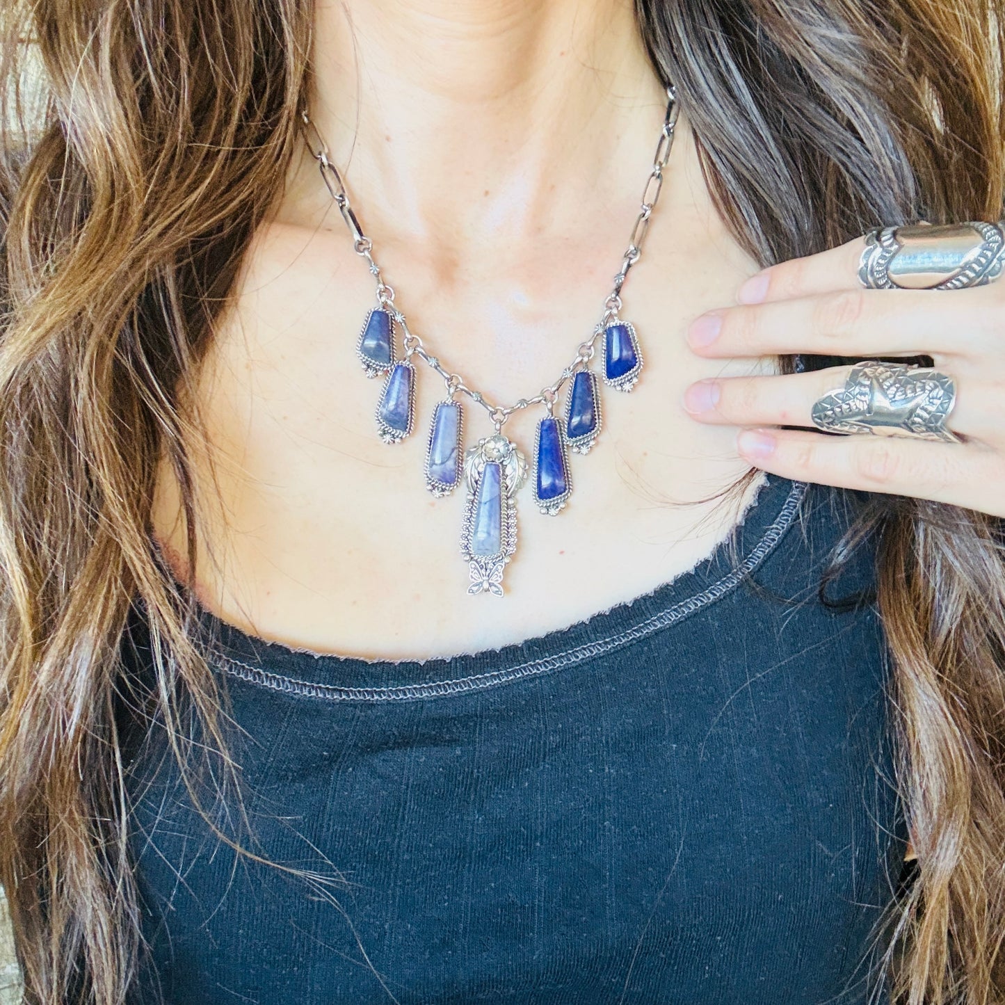 Navajo Brenda Jimenez Sterling Silver & Sugilite Charms Necklace