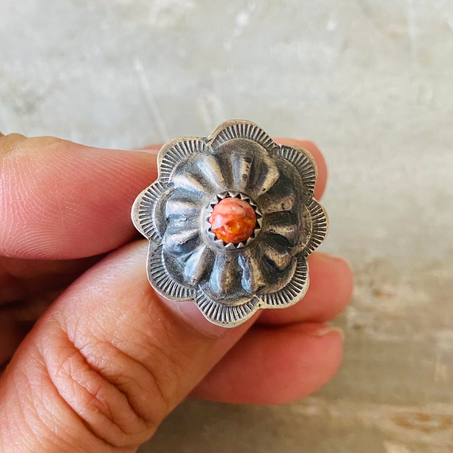 Navajo Byron Begay Sterling Silver & Orange Spiny Oyster Concho Ring