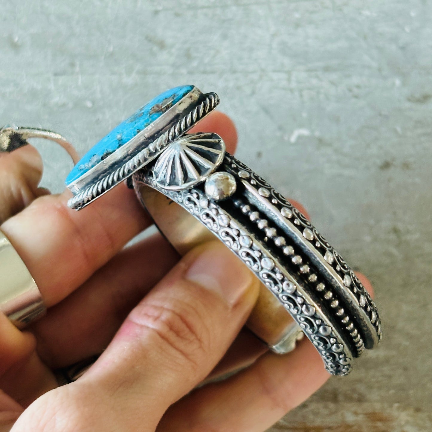 Navajo Hemerson Brown Sterling Silver & Egyptian Turquoise Triangle Cuff
