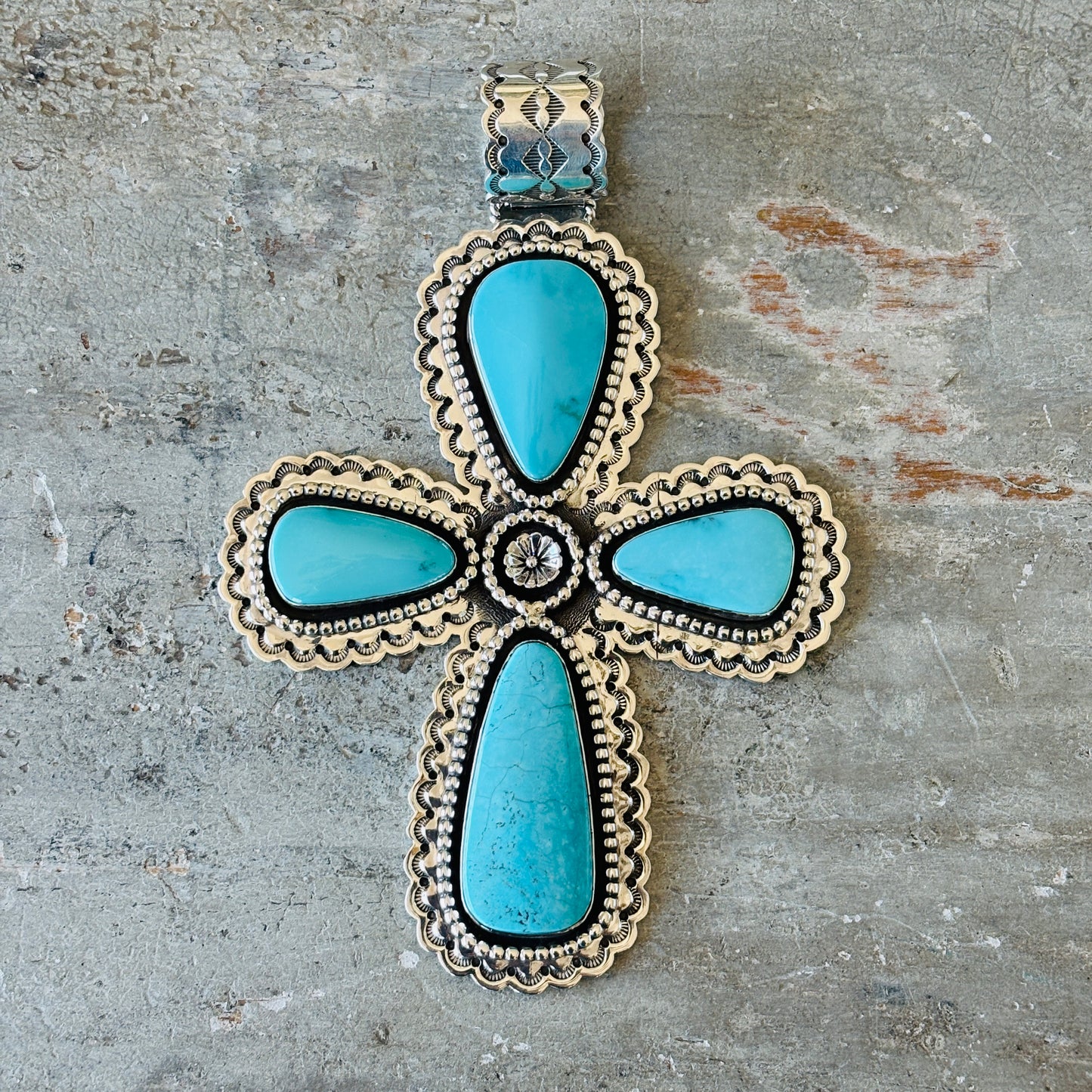 Navajo Melvin & Tiffany Jones Sterling Silver - Kingman Turquoise Cross Statement Pendant