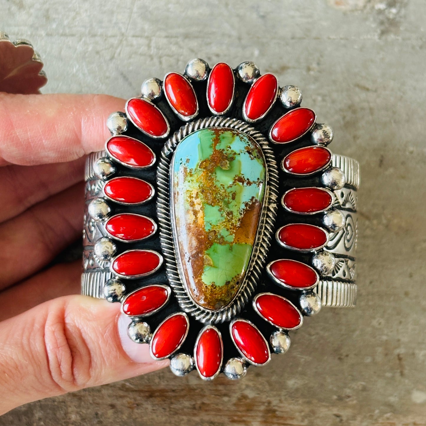 Navajo Hemerson Brown Sterling Silver - Red Coral & Sonoran Turquoise Cluster Hearts Cuff