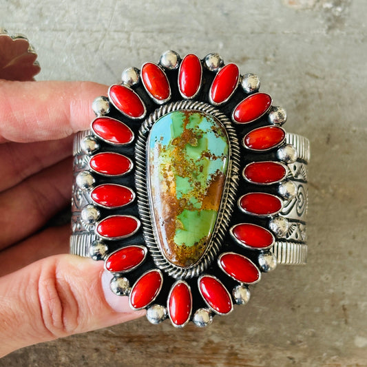 Navajo Hemerson Brown Sterling Silver - Red Coral & Sonoran Turquoise Cluster Hearts Cuff