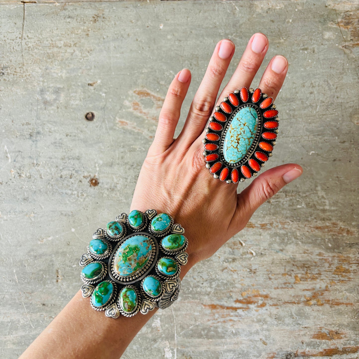 Navajo Hemerson Brown Sterling Silver - Red Coral & #8 Turquoise Cluster Statement Ring