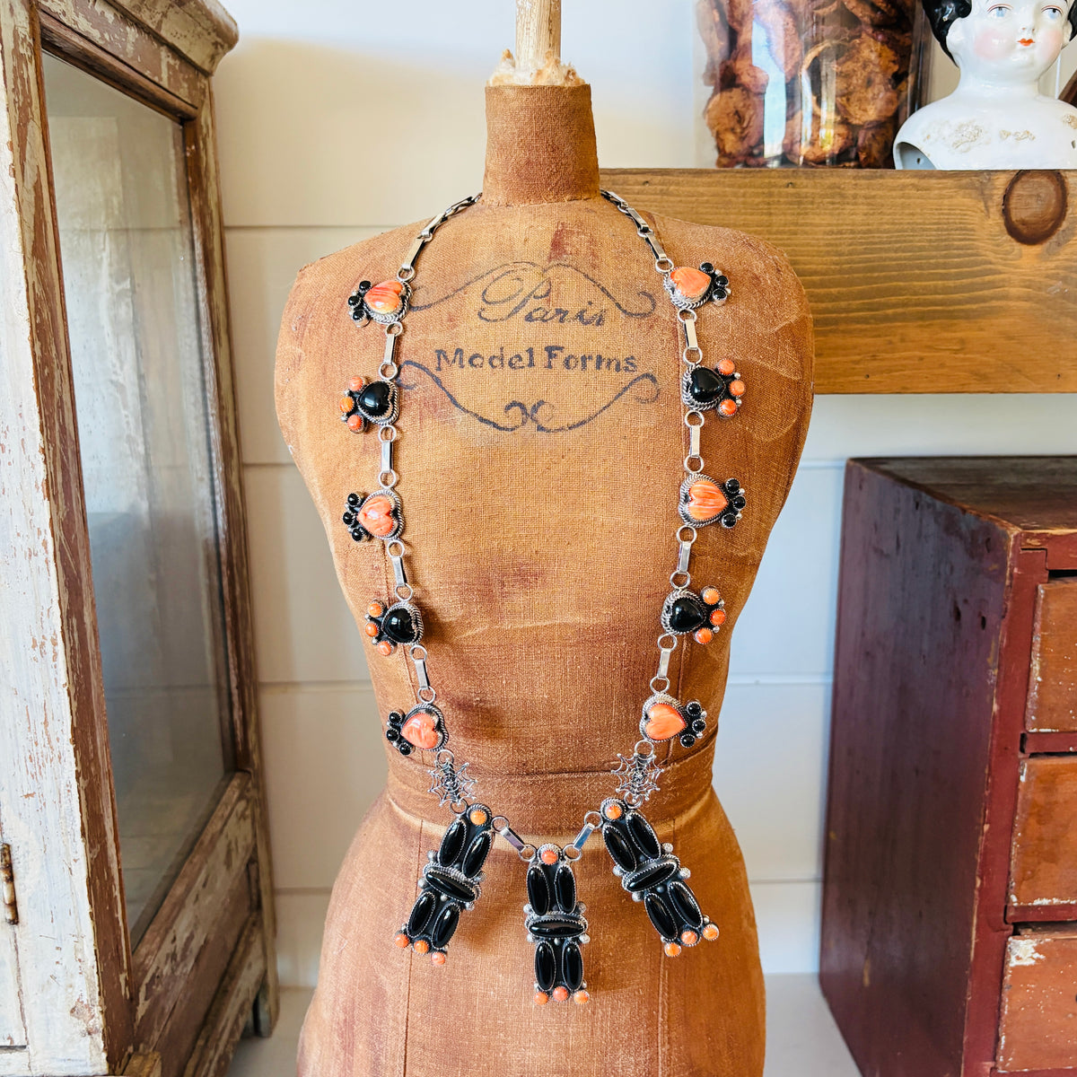 Navajo Hemerson Brown Sterling Silver - Black Onyx & Orange Spiny Oyster Spiderweb Statement Necklace