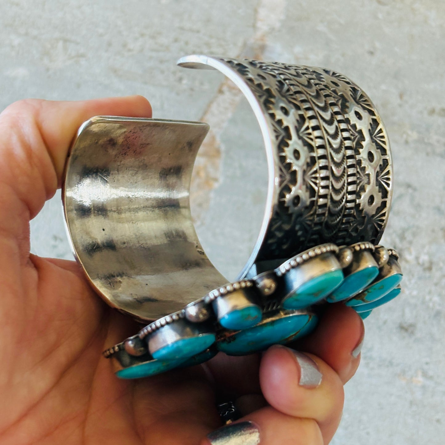 Navajo Braxton Parkett Sterling Silver & Kingman Turquoise Cluster Cuff